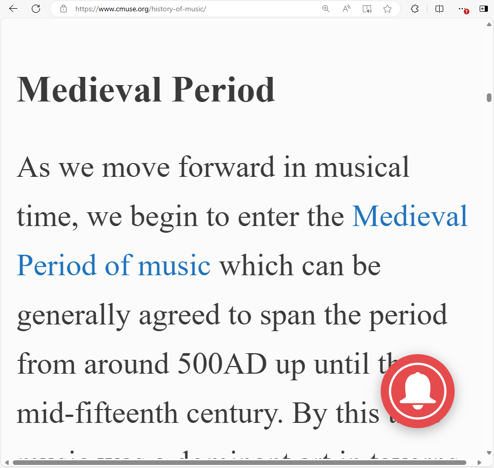 The same music history web page where the sticky ad no longer is sticky, and thus no longer covers the content of the page. The hyperlink 'Medieval Period of music' is visible within its paragraph of text.