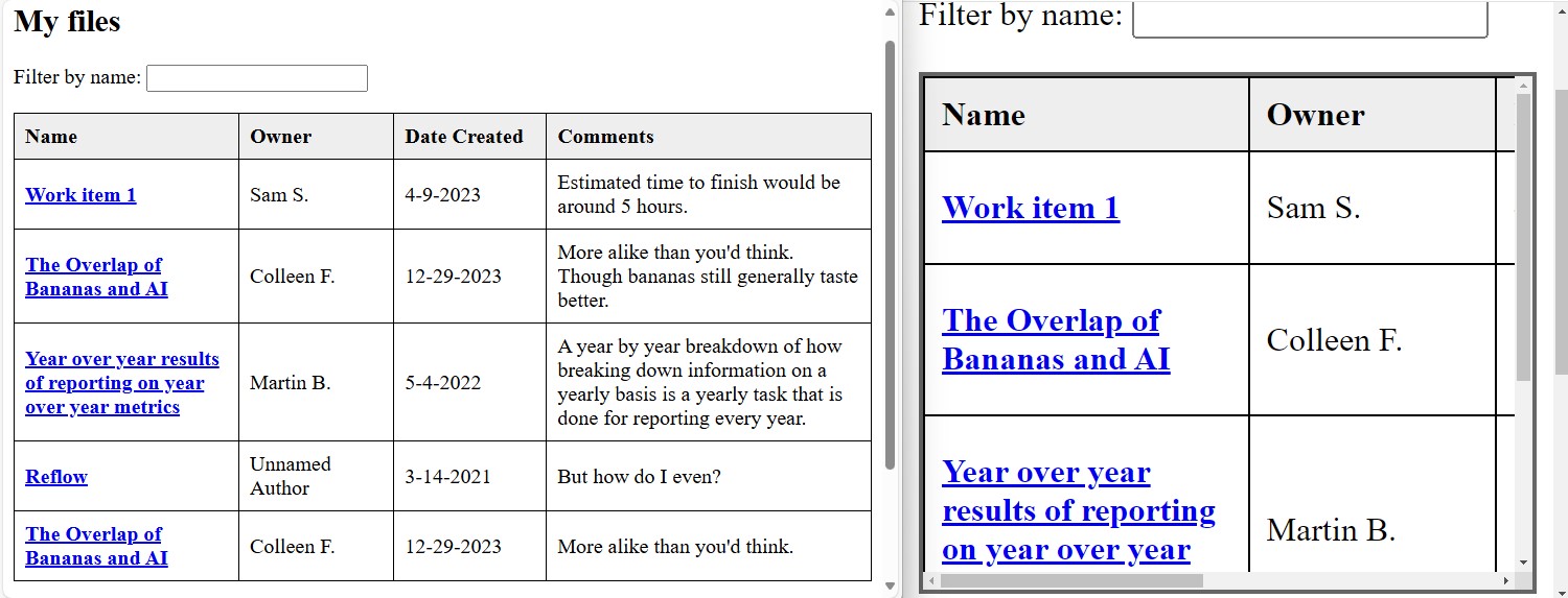 a table within a containing element that provides bi-directional scrollbars to view the content of the table. The content above and below the table reflows to fit within the available width of the viewport.