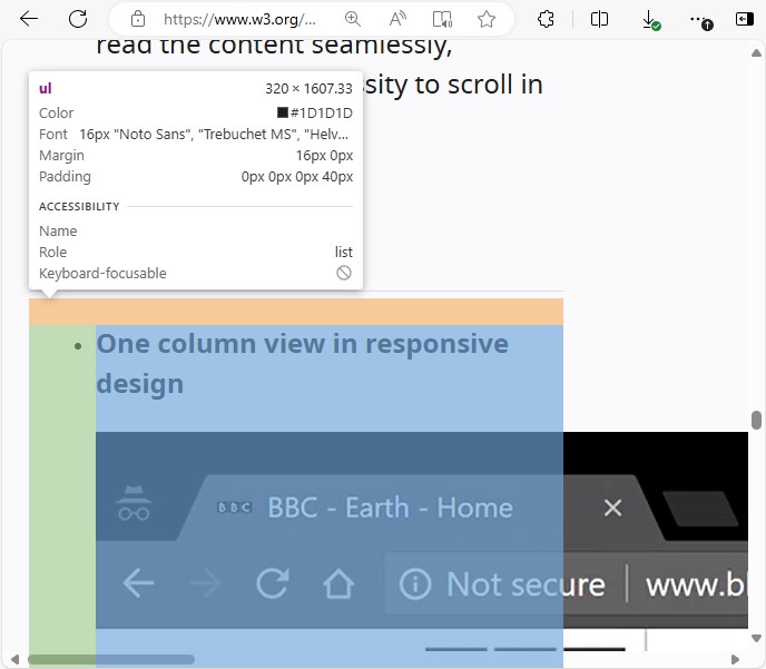 BBC Earth video extends far beyond the horizontal width of the browser's viewport, resulting in a large horizontal scroll bar for the web page. The content of the web page otherwise fits into a 320px wide container, which is validated by use of a browser's developer tools which show the containing element has a width of 320px.